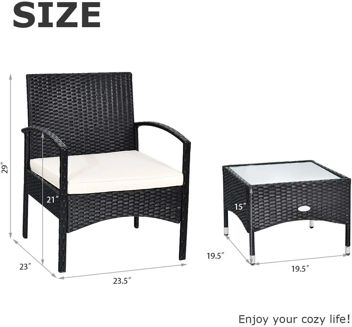 

3 PCS Patio Wicker Rattan Furniture Set, Outdoor Rattan Sofa Chair and Glass Coffee Table Set, Bistro Wicker Chair Table Set wi