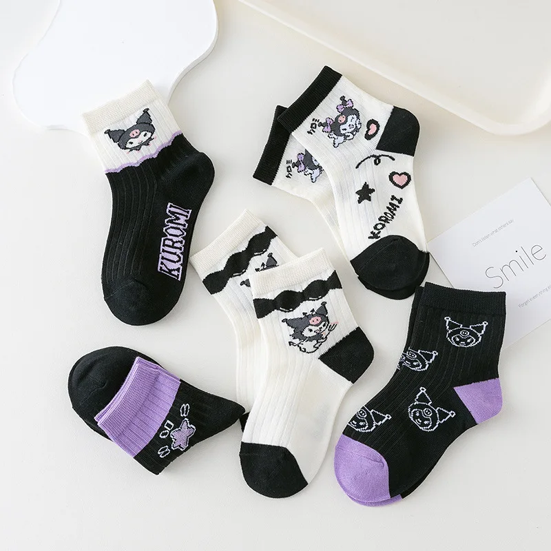 5 Pairs Sanrio Kuromi Socks Spring and Summer Thin Breathable Kuromi Childrens Girl Sock Purple Movement Mid-calf Cotton Sock