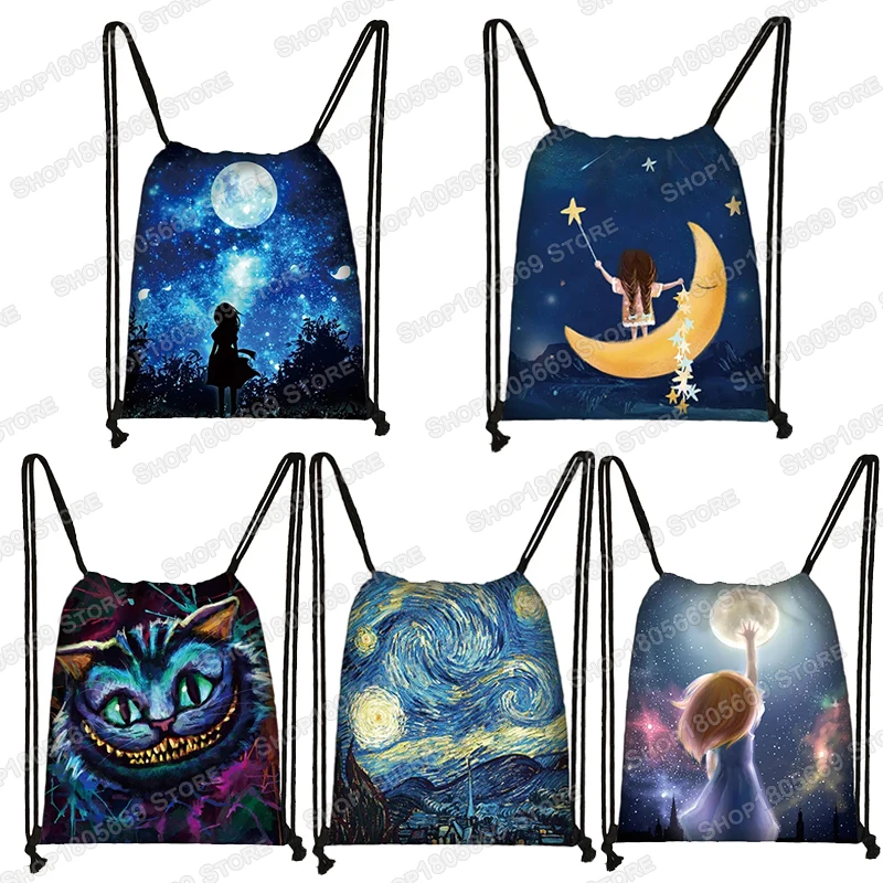 Galaxy / Starry Night Print Drawstring Bags Women Travel Bag Fashion Teenager Girls Canvas Softback Backpack Female Storage Bag