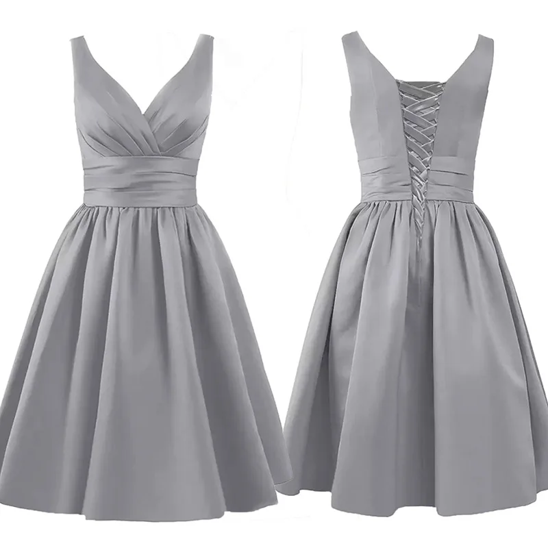 Short Knee Length A Line Satin V Neck Sleeveless Cheap Bridesmaid Dresses Wedding Party Formal Prom Birthday Evening Cocktail