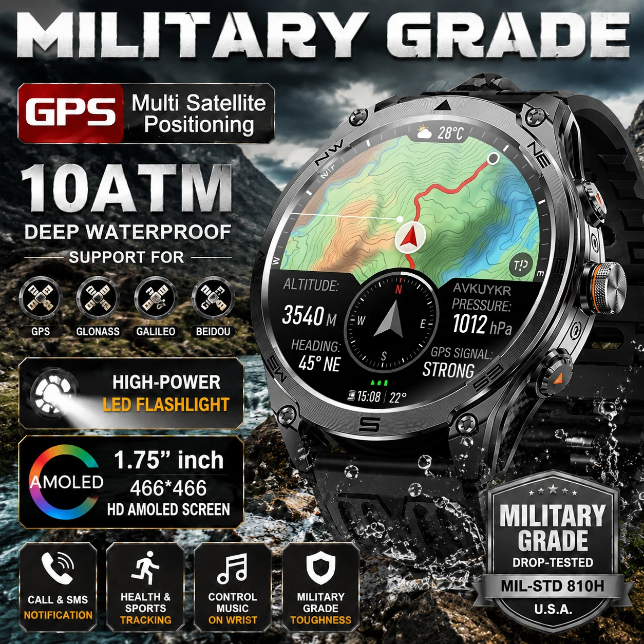 

New outdoor GPS Military Grade Men Smart Watch 10ATM Waterproof 1.75" inch LED Flashlight Fitness Sports Tracker BT call Watch