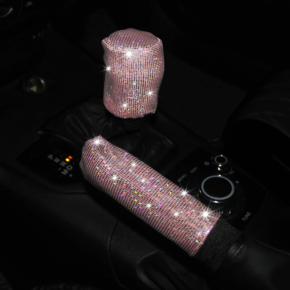 3Pcs Car Steering Wheel Cover Pink Bling Glitter Handbrake Gear Cover Auto Interior Steering Wheel Covers 37-38cm