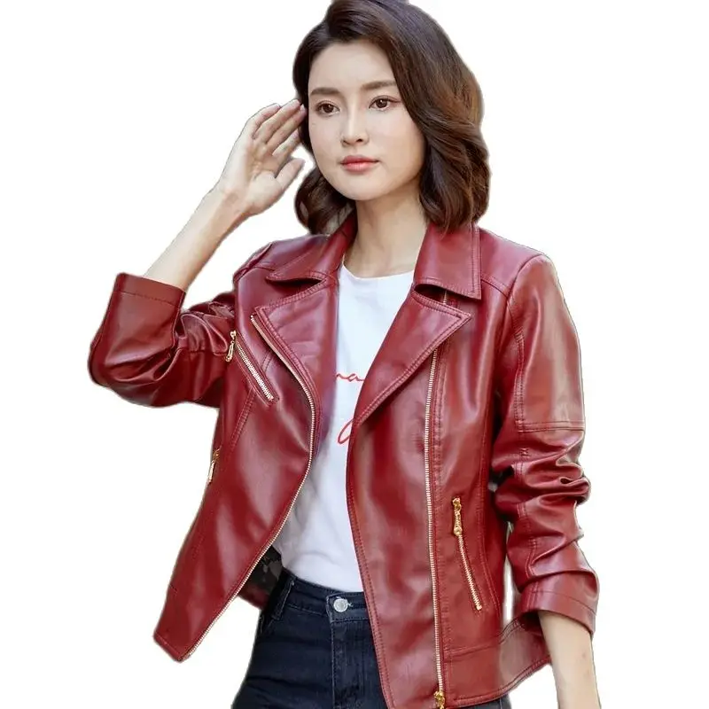 6XL Big Size Leather Jacket Female NEW 2024 Autumn Spring Women\'s Moto Biker Coat Wine Red Black PU Leather Zipper Outerwear