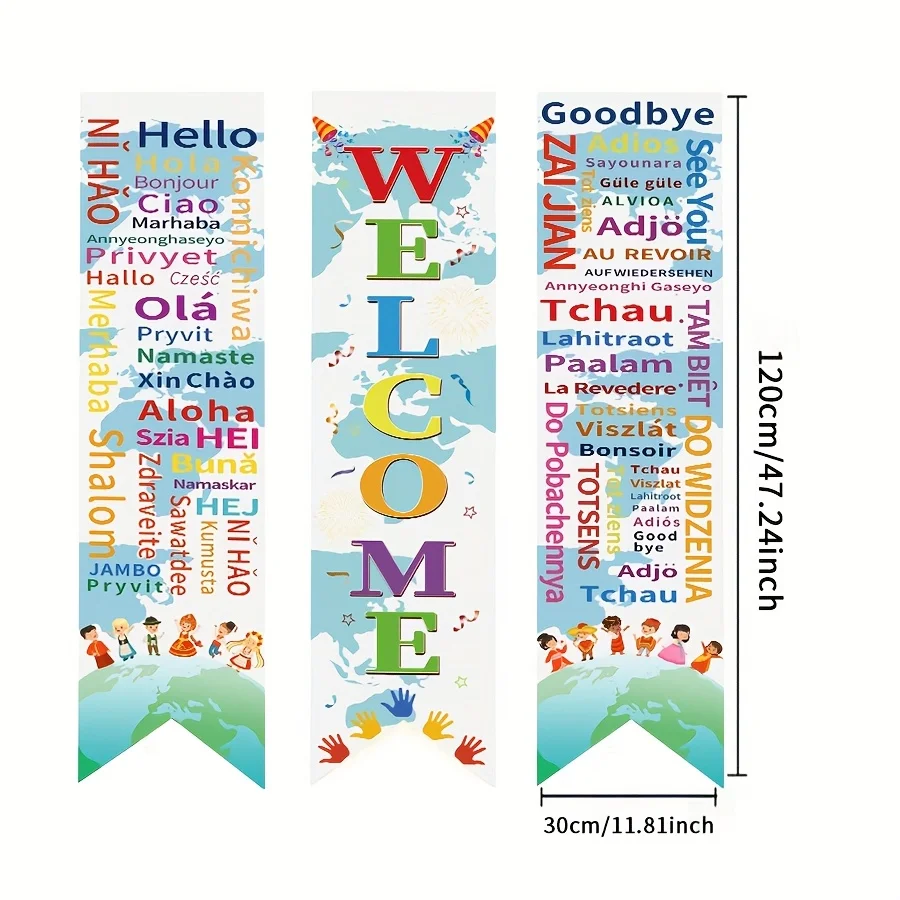 3Pcs International World Flags Party Banners, Welcome Global Porch Signs, National Flags Decor for International Parties
