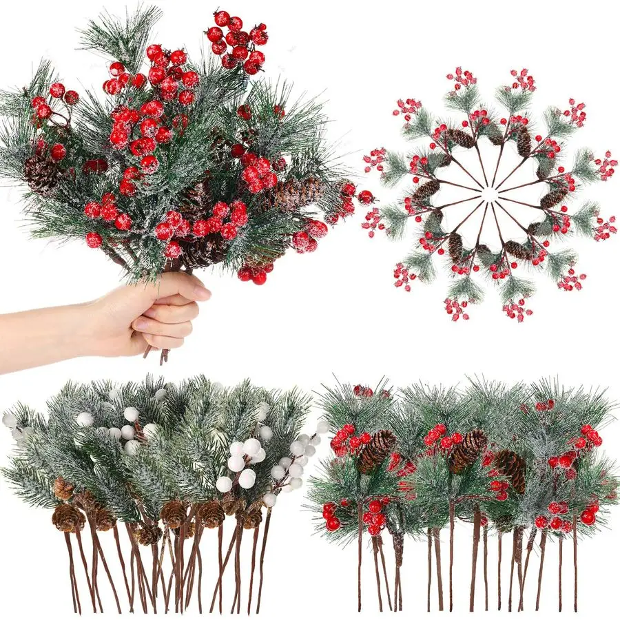 

36 шт. Рождественские искусственные сосновые ветки со снежным распылением Красные ягоды Стебли сосны Иглы из искусственной сосны Снежные цветочные сосновые шишки для