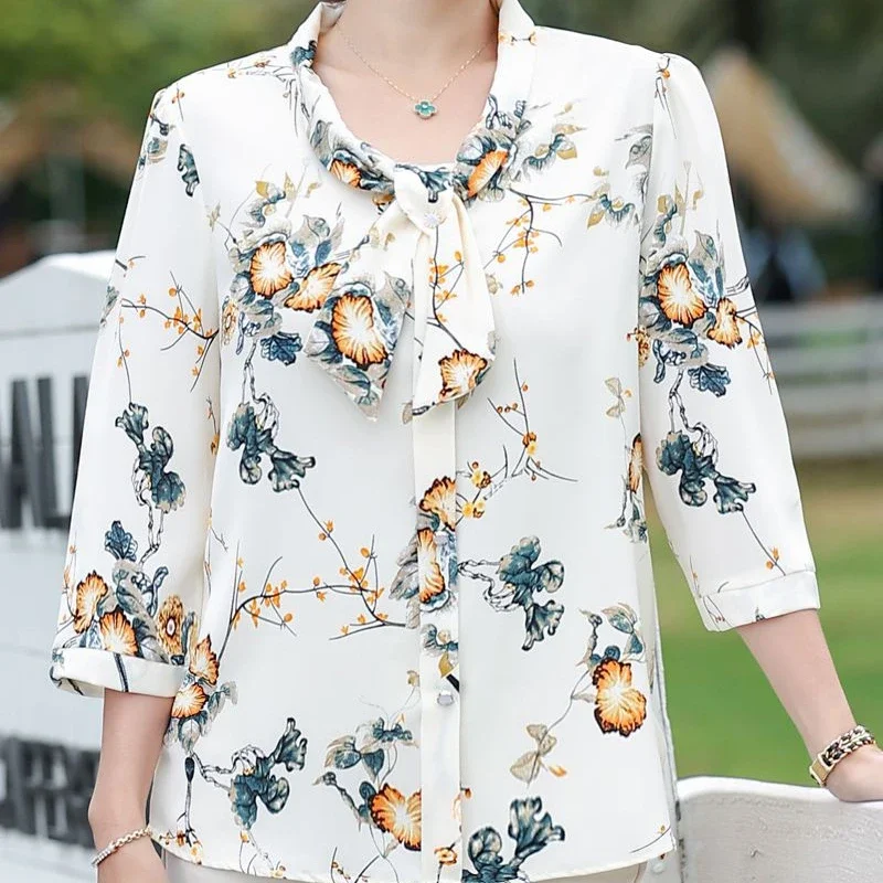 

Middle-aged mother summer wear 7-quarter sleeve T-shirt chiffon shirt