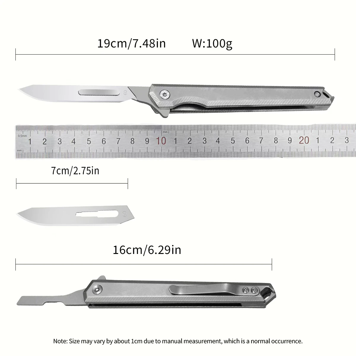 

Folding tactical knife with sharp stainless steel blade, includes 4 replacement blades (No. 60), ideal for camping.
