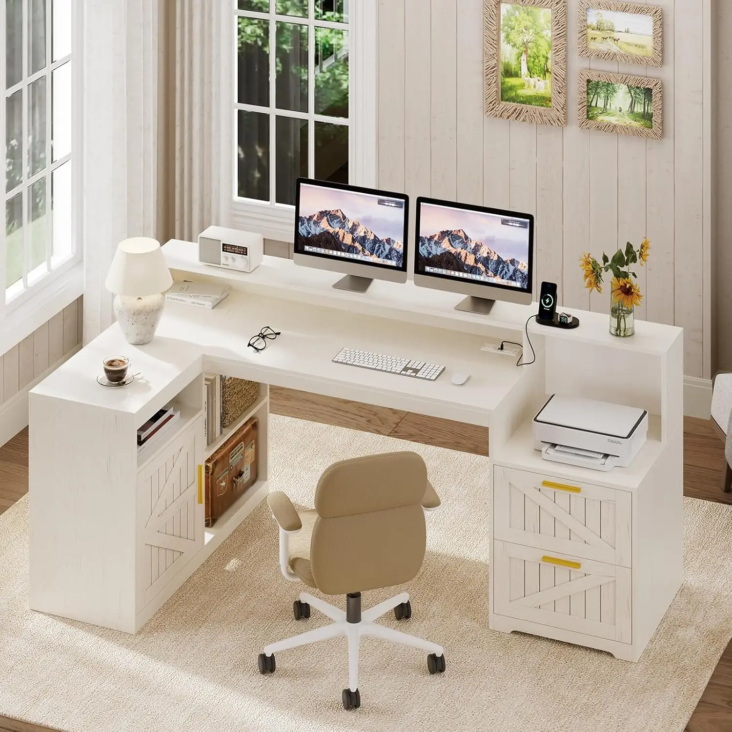 Farmhouse L Shaped Desk with Drawers, 62.2" Home Office Desk with Storage Shelves and Power Outlet, L Shaped, Customized