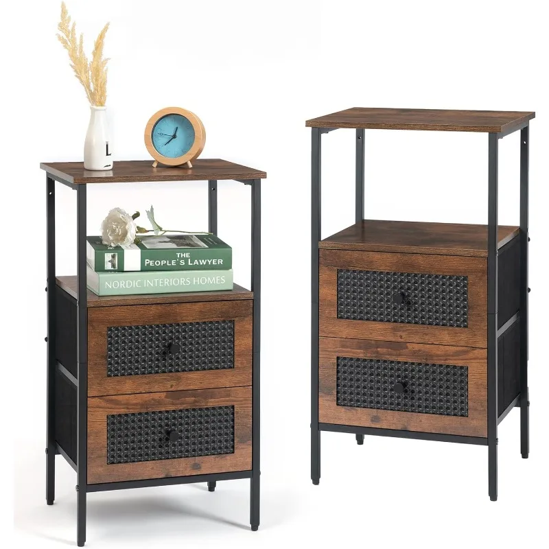 

Nightstand Set of 2, Bedside Table, Tall Nightstand with Drawers, End Tables Bedroom, Rattan Side Table, Night Stand with Shelf