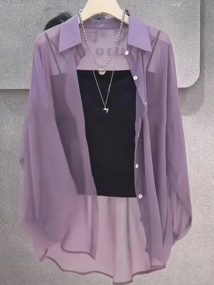 Camicie da donna taglie forti 2025 Estate traspirante e resistente al sole Seta ghiacciata con bottoni Camicette sottili in chiffon trasparente allentato Manica lunga