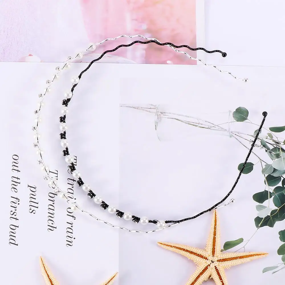 Fashion Gift Accessories Rhinestone Head Chain Hair Band Pearl Crystal Wave Hairband Black Silver Metal for Women Headwear