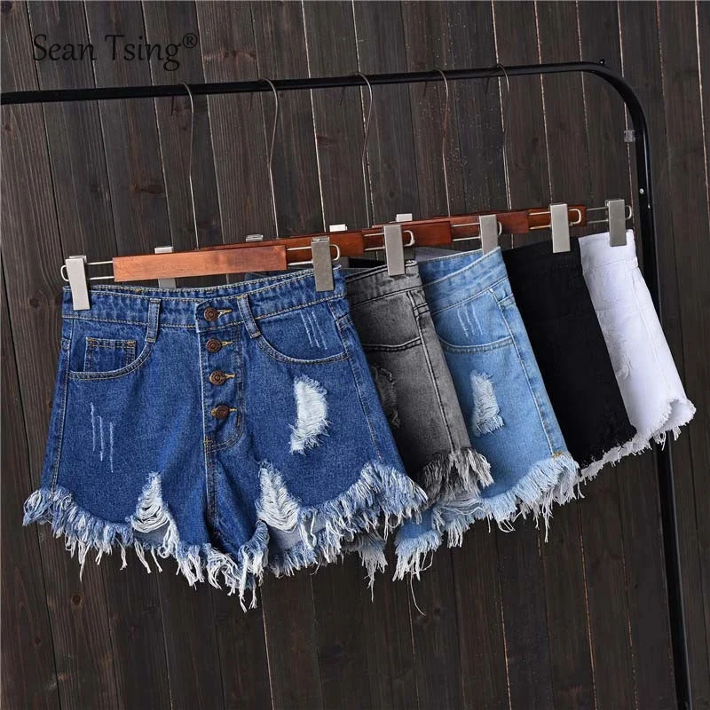 Sean Tsing® S-6XL Plus Size Women Jeans Shorts High Waist Fur-lined Button Pockets Ripped Denim Hot Pants Fashion Summer Bottoms