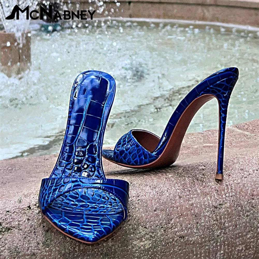 Blue Crocodile Leather Slippers Sexy Fashion Style Summer High Heels 12Cm Colorful Leather Sandals Pointed Toe Stiletto Shoes