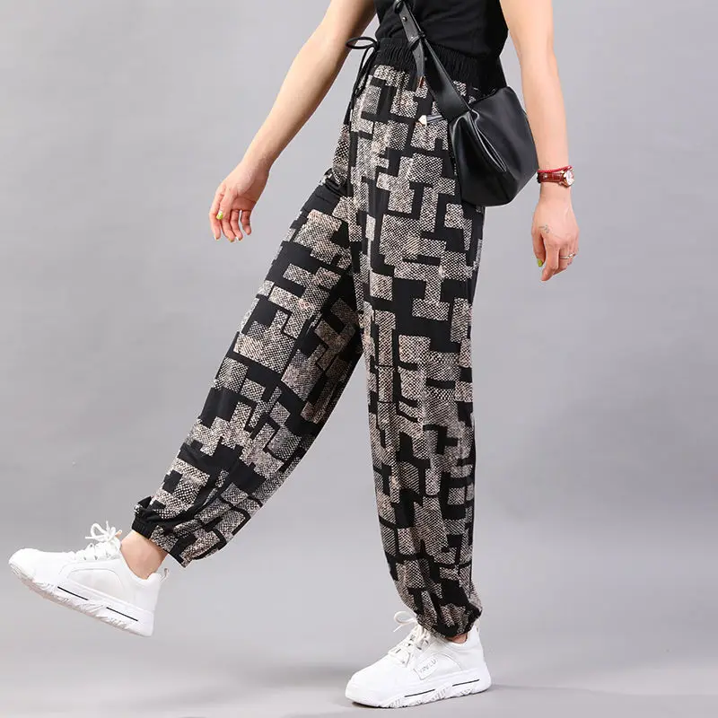 

Internet Famous Ice Silk Casual Lantern Women's 2024 New Fashion Splicing Lace Pocket Plaid Foreign Style Bound Leg Harlan Pants