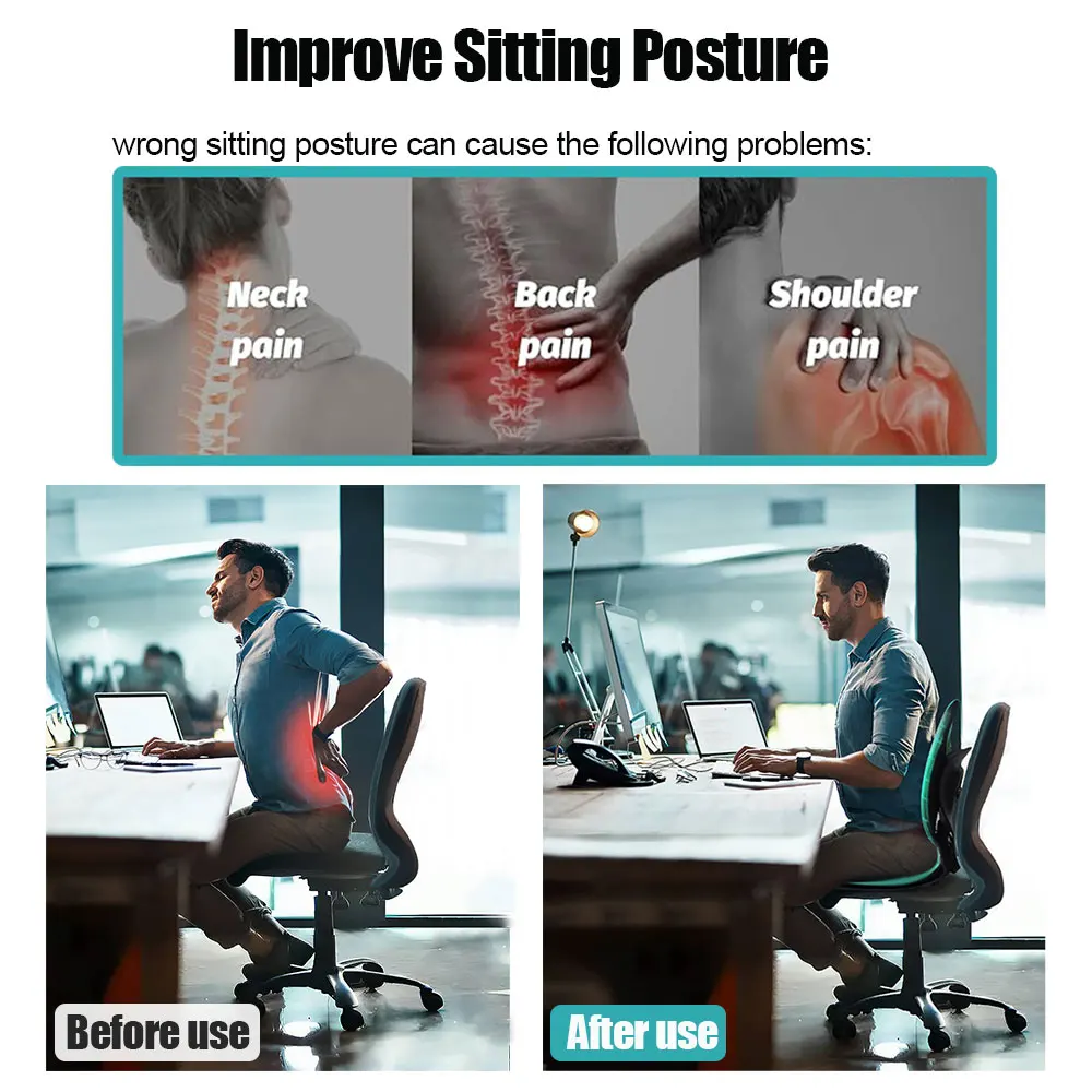 Office Chair Seat Cushion Back Lumbar Support Sitting Pad Memory Foam 3-level Height Adjustable Foldable Posture Correction Gift