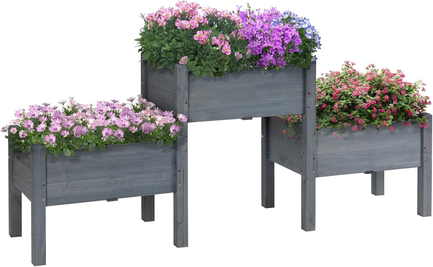 

Поднятая садовая кровать с 3-мя коробками для цветов, приподнятой деревянной подставкой для растений с дренажными отверстиями, для овощей, трав и цветов, серая