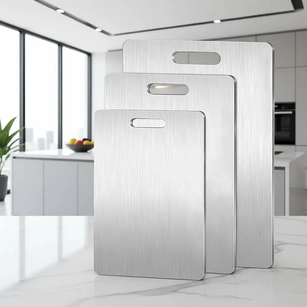 

Set of 3 Non-Slip Stainless Steel Cutting Boards - Ideal for Meat, Fruit, and Vegetables (15 x 11, 13 x 9, 10 x 6)