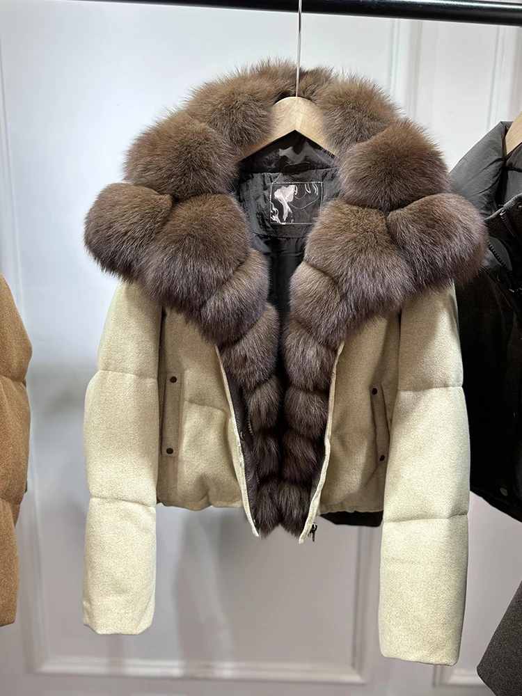 Janveny Luxury Winter 90% White Duck Down Wool Blends Jacket Women 2025 New Real Natural Fox Fur Thick Warm Puffer Down Coat