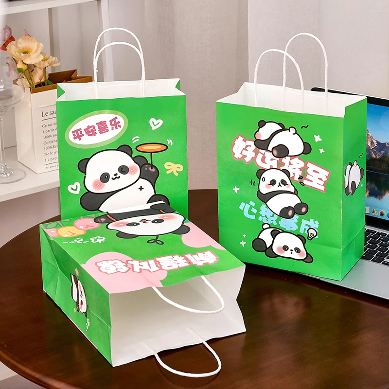 Bolsa de regalo de Panda de dibujos animados, bolsa de papel de gran aspecto para estudiantes, bolso de mano inspirador para el Día de los niños,