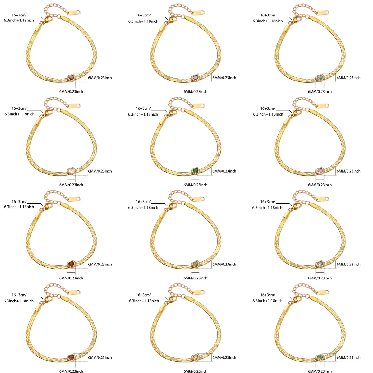 12 Monate Geburtsstein Herz-Armband für Frauen, Goldfarbenes Edelstahl-Flachketten-Armband, Trendiger Geburtstags-Sternzeichen-Schmuck – Detail 1