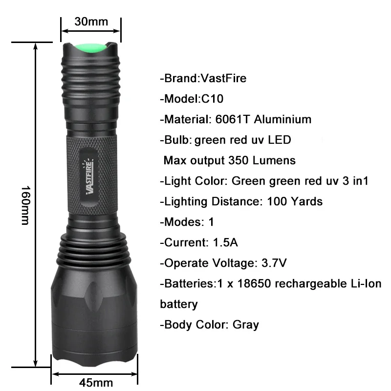 Tactical Green/Red/ UV 3 Colors Hunting Flashlight Blood Tracker Hog Handheld Lantern+18650+Charger+Switch+Rifle Gun Scope Mount