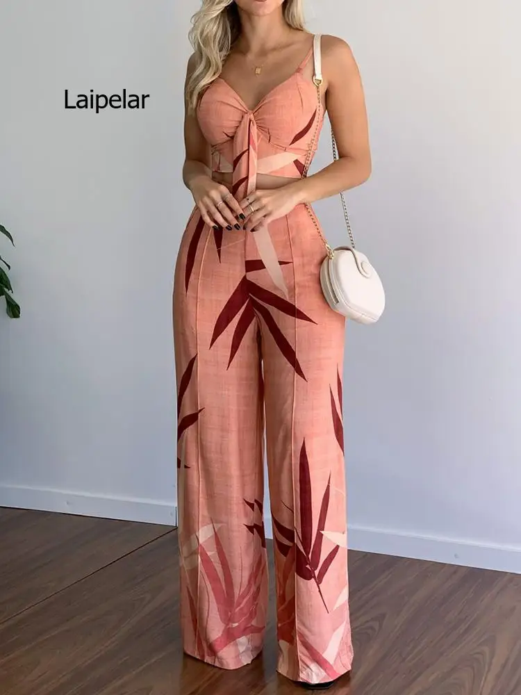 

Sexy Wide Leg Pants Women Printing Matching Set V-Neck Sleeveless Short Top 2PCS Ladies Outfit Holiday Streetwear Dropshipping