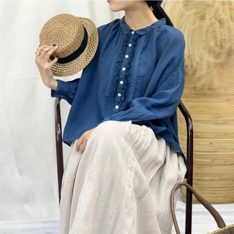 Johnature 2024 New Vintage Linen Solid Color Lace Womens Tops And Blouses Summer Loose Japanese All Match Button Female Shirts