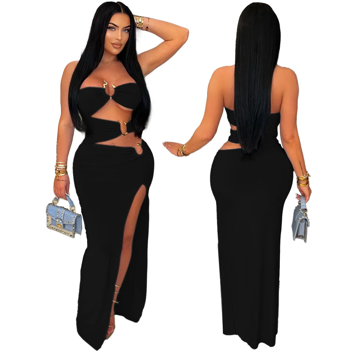 BWQ Women's Off Shoulder Cut-Out Snake Metal Long Dresses Glam Hollow Out High Slit Night Out Dress Female Vestido Clubwear 2025