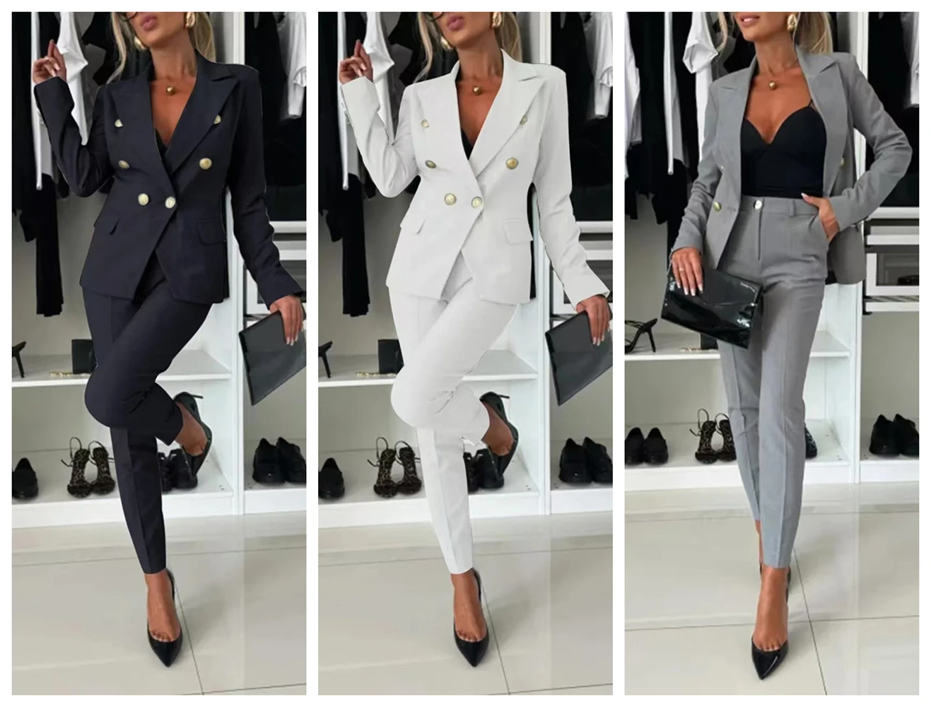 

Элегантный женский деловой костюм – двубортный пиджак и брюки приталенного кроя, офисная одежда, однотонный комплект из двух предметов для деловой женщины