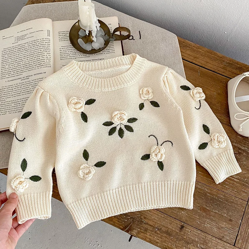 2024 New Autumn Children Clothes Kids Sweater Toddler Baby Girl Knitting Pullover Tops Long Sleeved Floral Embroidery Sweater