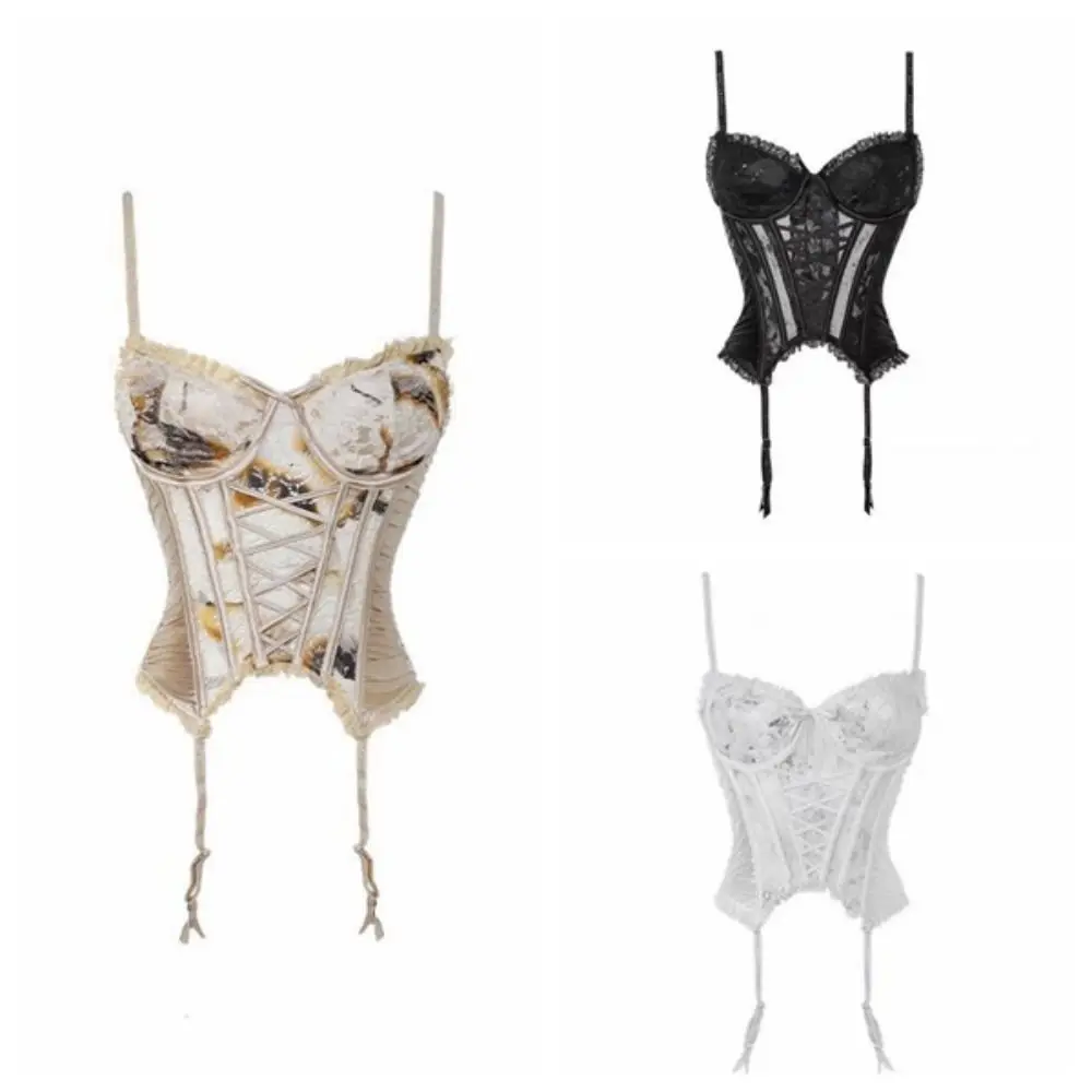 스파이시 걸 스타일 메쉬 투명 레이스 플라워 캐미솔 프릴 민소매 새틴 레이스 업 코르셋 스위트 탱크 서스펜더 조끼 여행
