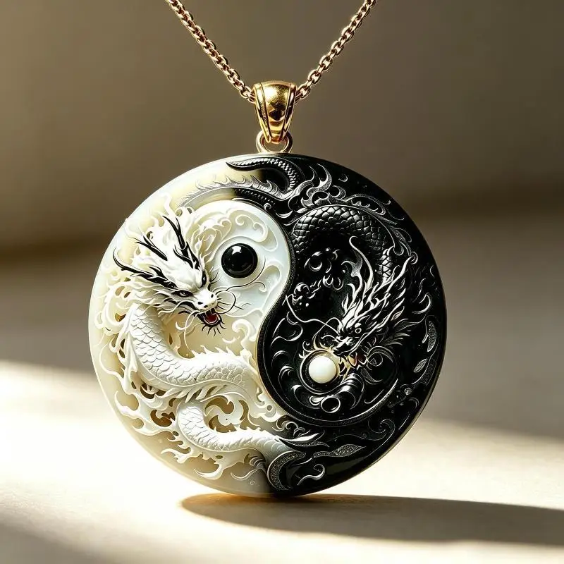 Yin Yang Twin Dragons Necklace Enamel Mythical Pendant Aesthetic Choker Nickel Free for Streetwear Cosplay Accessory