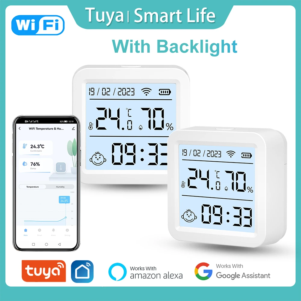 Tuya-Sensor inteligente de temperatura y humedad, WiFi, pantalla LCD con retroiluminación, aplicación remota, Monitor, termómetro, compatible con Alexa y Google Home