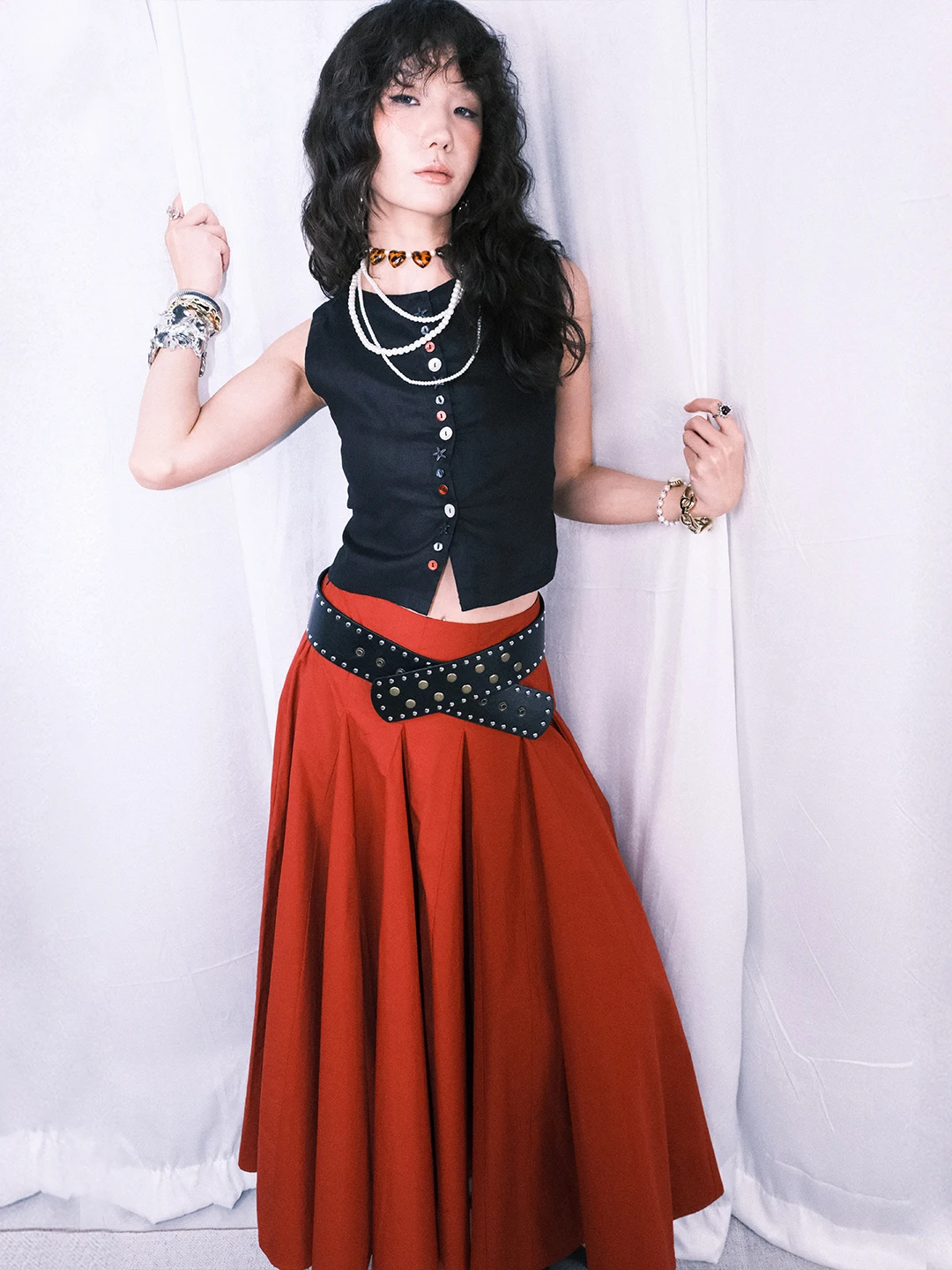 

Красная винтажная юбка-зонтик, весенне-летняя женская пышная юбка А-силуэта миди из дышащего хлопка и льна с высокой талией для повседневной носки