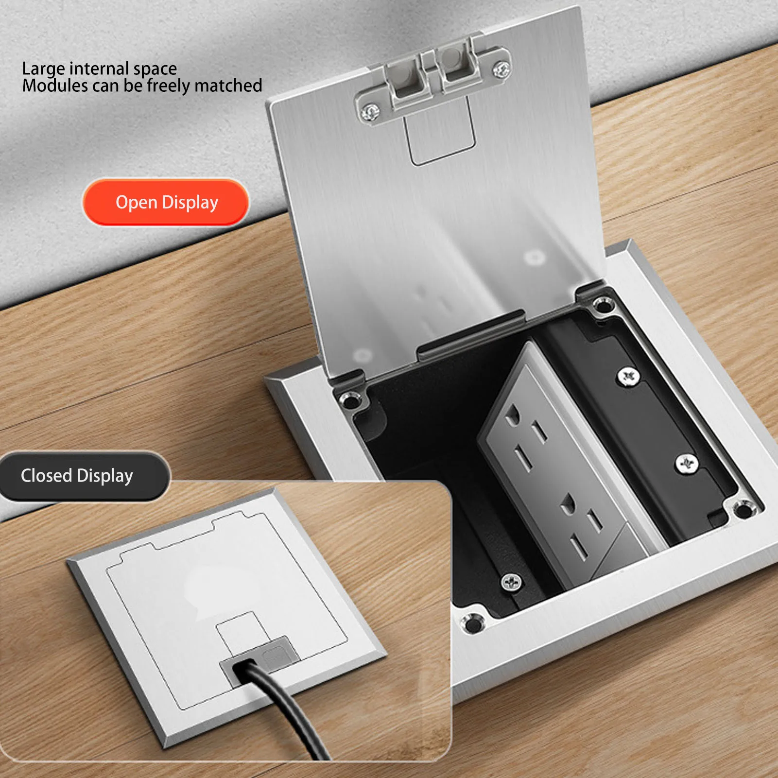 

Напольная розетка Встраиваемая напольная розетка 2 х 3 зубца и порт USB A USB C Серебристая водонепроницаемая напольная розетка из нержавеющей стали