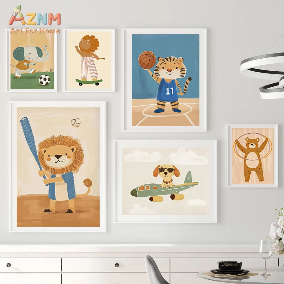 AZNM Frameless Canvas Poster Cartoon Sport Animal Print, Lion Tiger Elephant Dog Playing Sports Wall Art Picture for Boys Nurser
