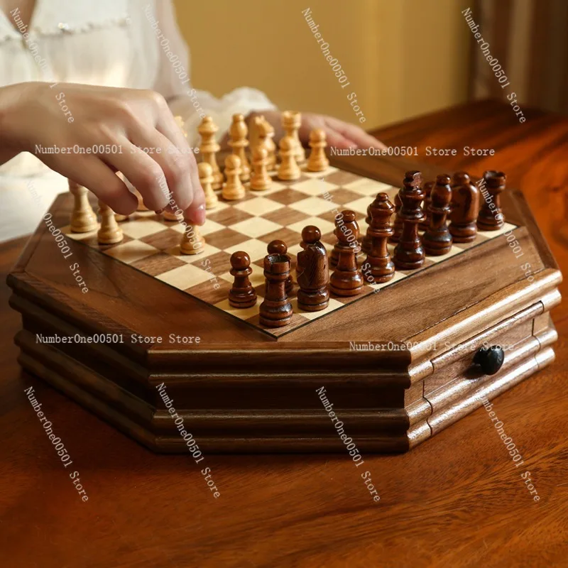 

Premium Solid Wood Magnetic Chess Set with Walnut Drawers for Kids Students