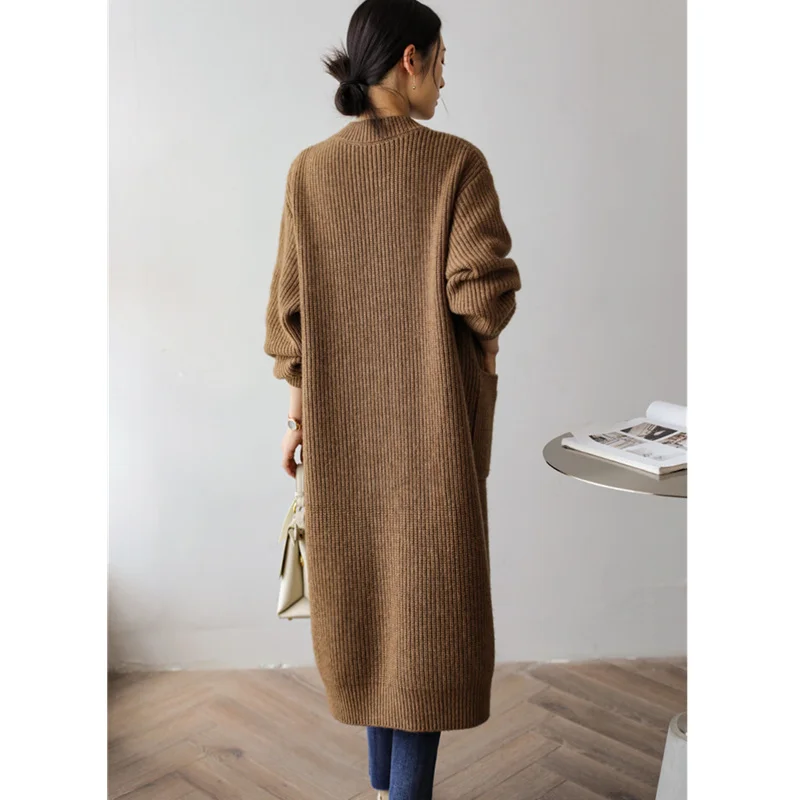 Foreign air pocket over knee long cashmere cardigan women autumn winter Korean version of sweater coat loose  wool overcoat