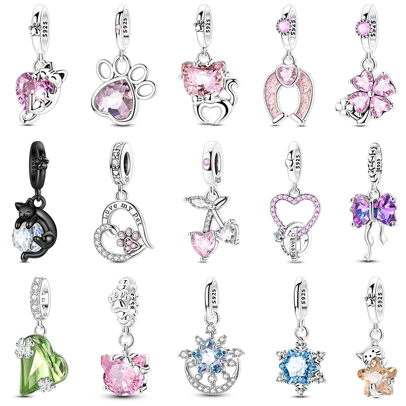 

Charms Beads 100% 925 Sterling Silve Zircon Cat Bow Four-leaf Clover Charm Pendant Fit Original Bracelet Bangle DIY Jewelry Gift