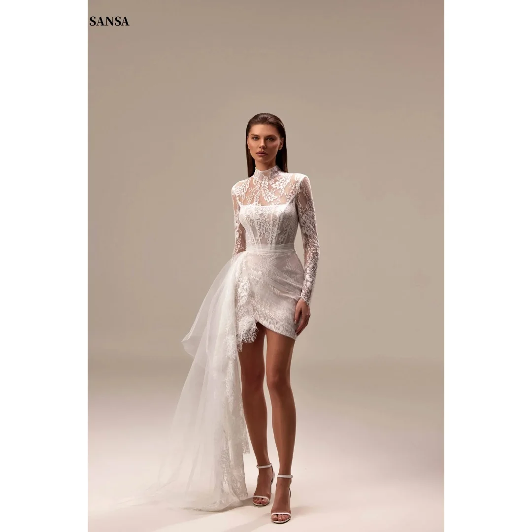 

Sansa Customized White Flowers Embroidery Party Dress Mesh Fabric Long Sleeves Prom Dress Mini Skirt Strapless Evening Dresses