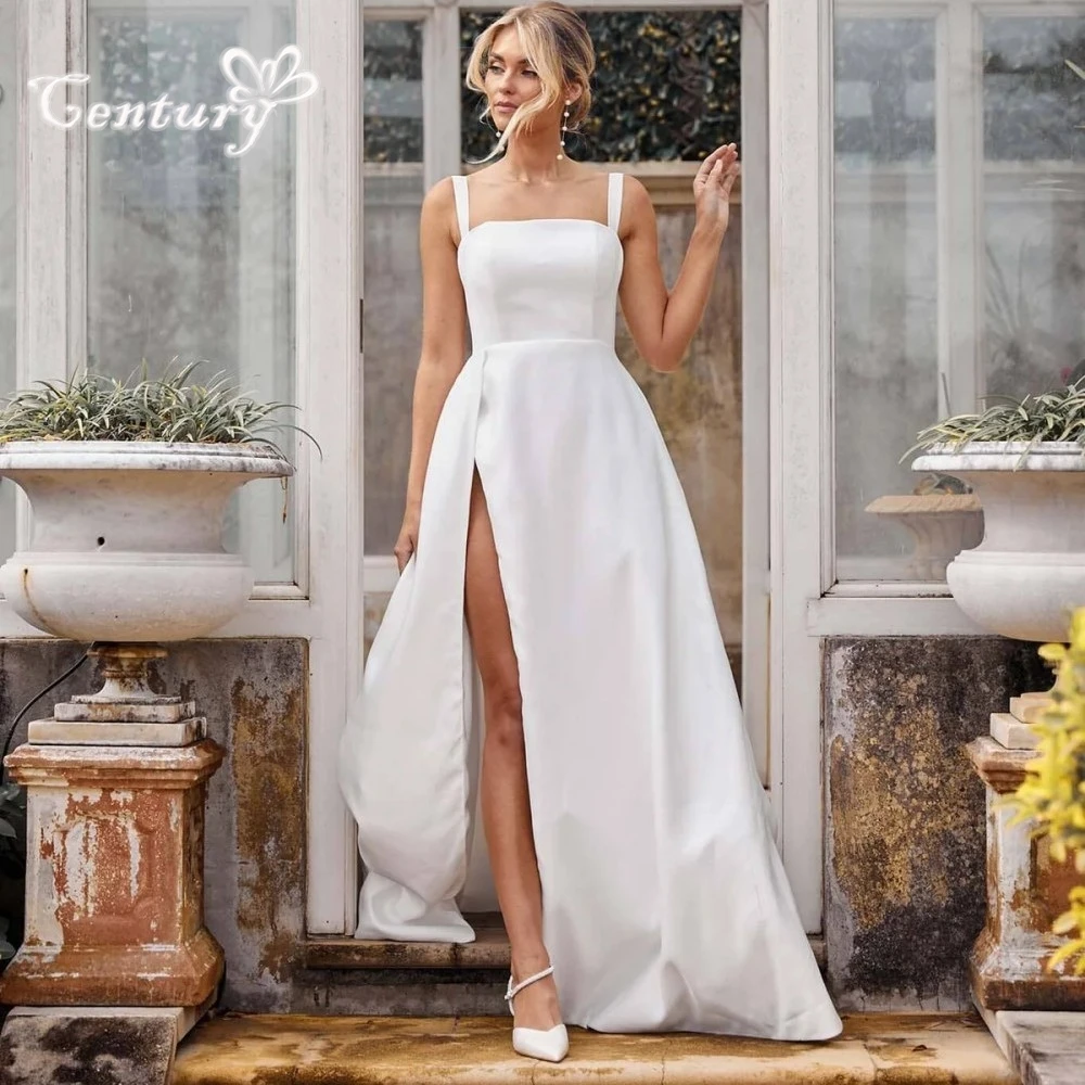 

Satin Wedding Dresses 2025 High Slit Straps Sleeveless Square Neck A Line Simple Bridal Gowns for Women Bride Customized