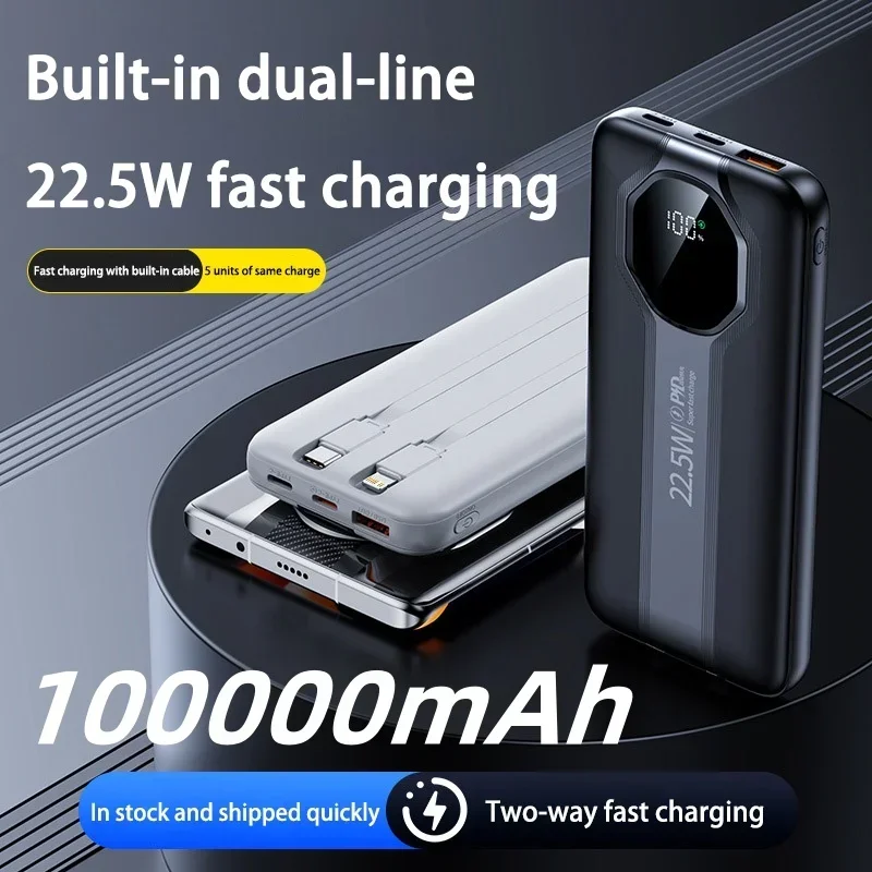 100000mAh Portable Power Bank Super Fast Charging Built In Double Cable Ultralarge Capacity External Battery For Iphone Xiaomi