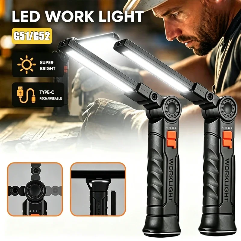 G51/G52 Portable COB LED Flashlight Rechargeable Work Light Magnetic Lanterna Hanging Lamp with Built-in Battery Camping Torch