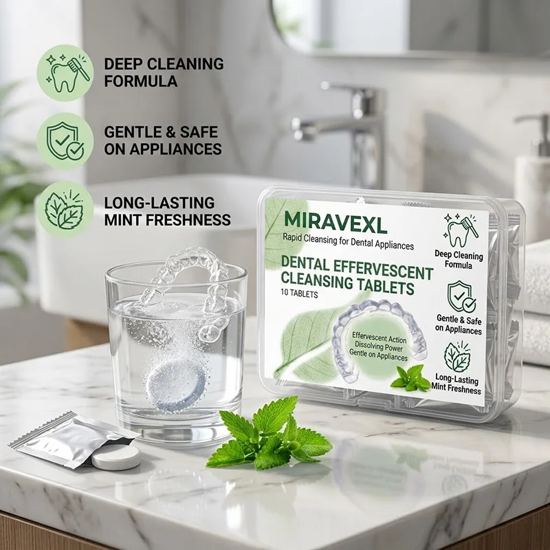 MIRAVEXL Denture Cleaning Tablets 10 Count, Effervescent Cleanser for Dentures, Retainers & Mouth Guards, Mint Fresh Formula