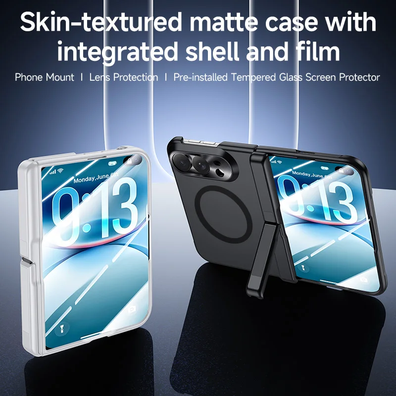 For iPhone Ultra 5G Case Luxury Matte Skin-Friendly Magnetic Wireless Charging Bracket Hinge Tempered Film Shockproof Back Cover