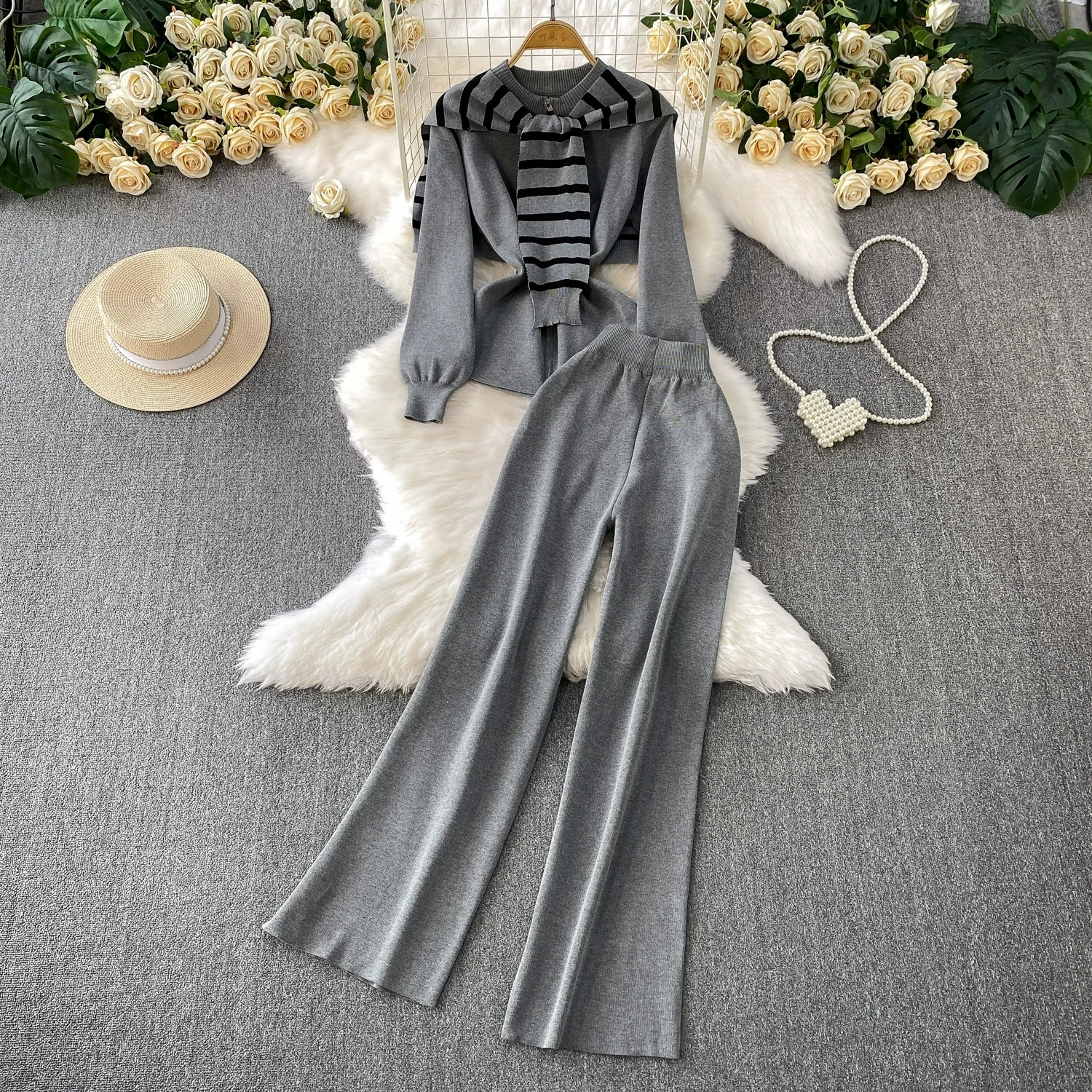 

Women's Casual Knit Set 2025 New Style Buttoned Standing Collar Coat + Hong Kong Style Striped Shawl + Wide Leg Pant 3pcs Sets