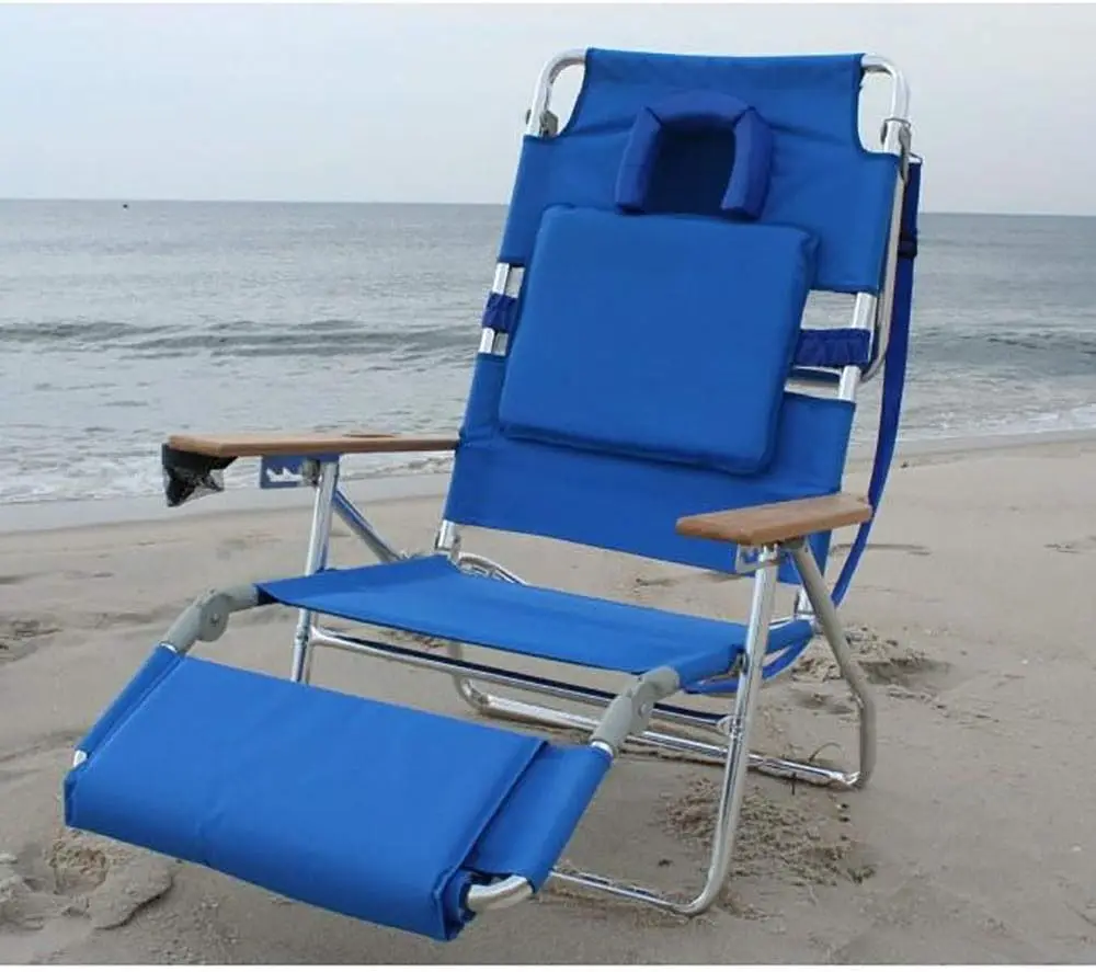 Deluxe Padded 3-N-1 Outdoor Lounge Reclining Beach Chair Blue (2 Pack) Durable Rust-proof Breathable and Quick Drying Fabric