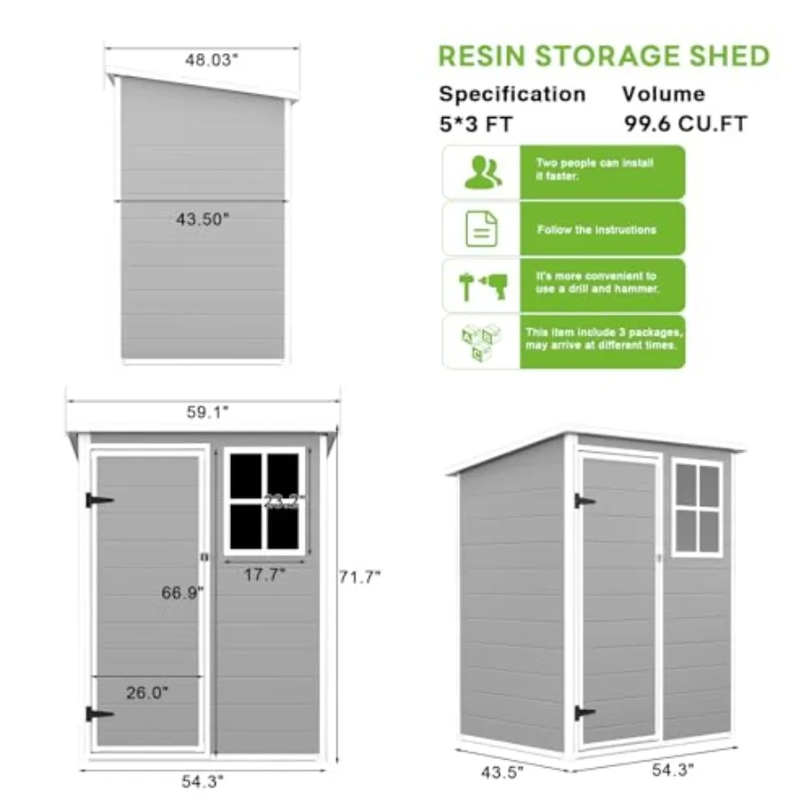 Outdoor storage shed for backyard, garden, poolside use; resin material; gray color; waterproof, lockable door, floor, window,