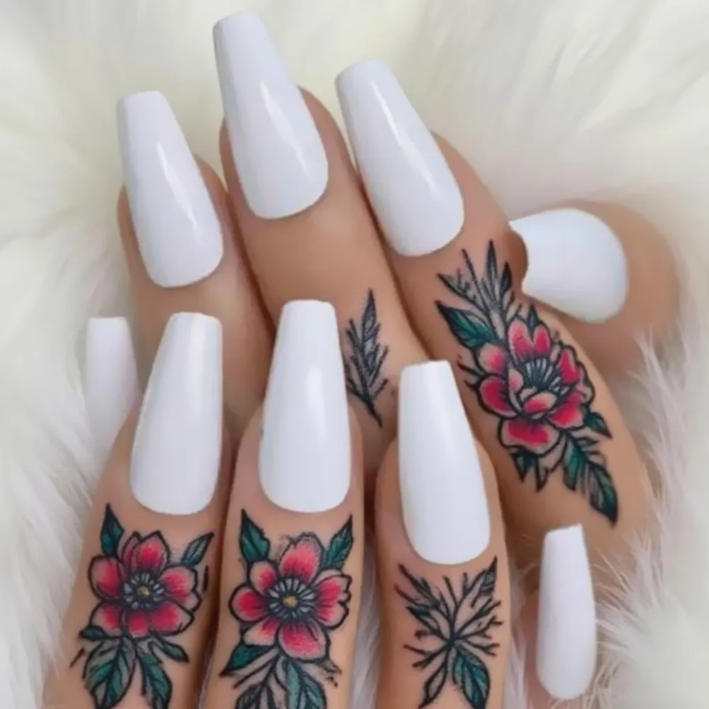 

48Pcs Shiny White Fake Nails Press Ons Acrylic False Nails With Glue For Woman Short Ballerina Coffin Finger Manicure Tool