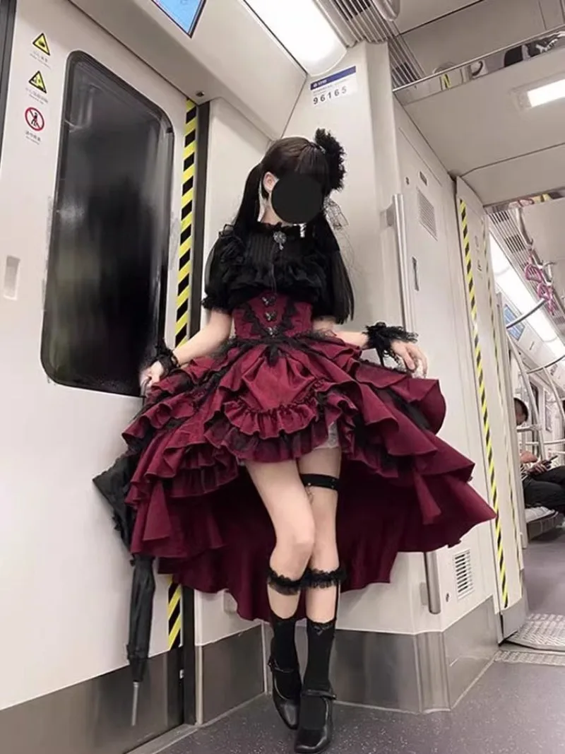 IOOTIANY Japanisches, dunkles Gothic-Lolita-Kostüm im Cosplay-Stil, Damen-Kleid mit schmaler Taille, vielseitiges Spitzenkleid im Prinzessinnen-Stil, Y2k-Kleid. – Detail 6